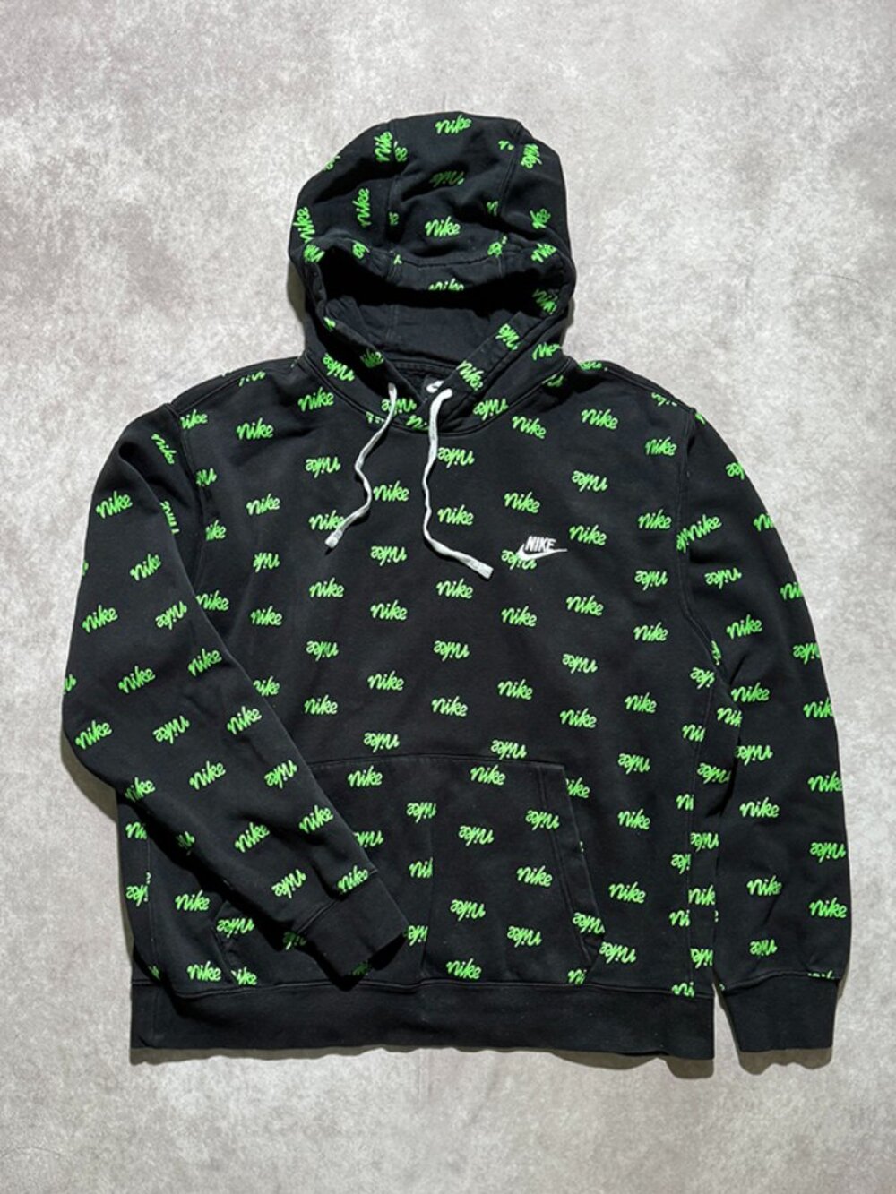 Nike Hoodie All Over Print Black Neon Green Script Men's XL